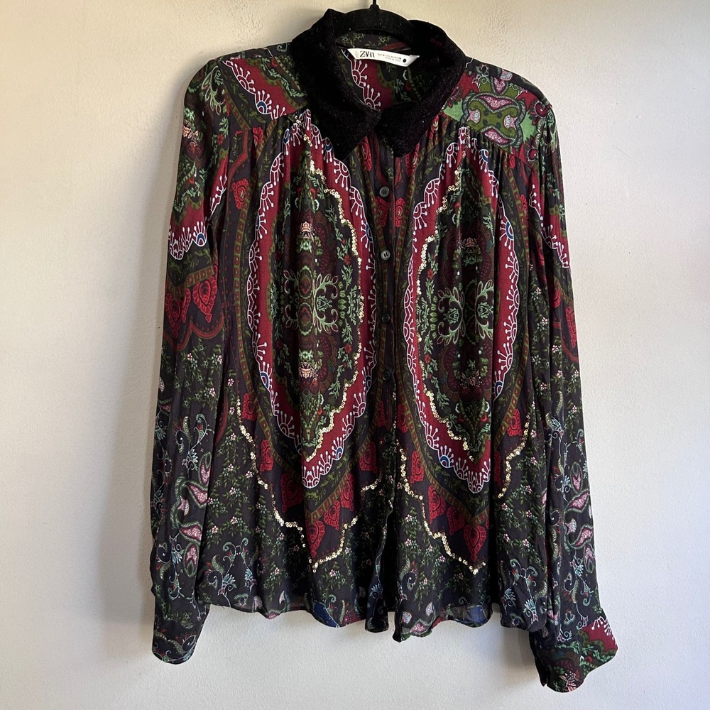 Zara Womens Medium Paisley Sequin Velvet Collar Button Down Blouse Multi-Color
